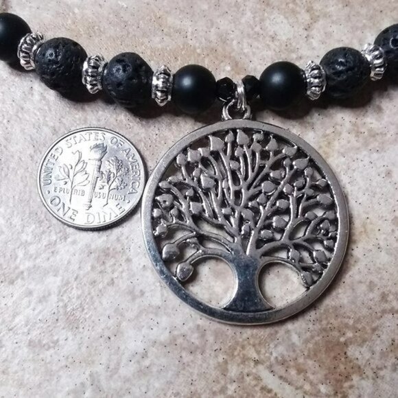 LAST ONE! Beaded "Tree of Life" Medallion - Black + Silver Necklace Choker @ 17" - Picture 7 of 9